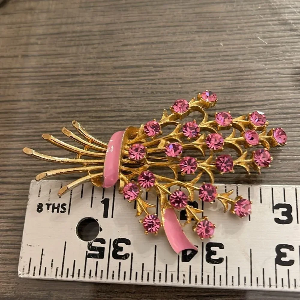 Vintage Pin Rhinestone Brooch Floral Bouquet with Pink Enamel Accents